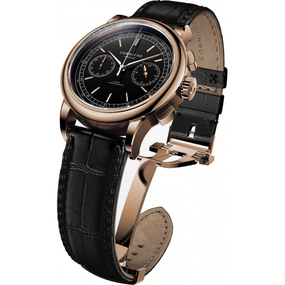 
									Corniche Watch Heritage Chronograph - Rose Gold and Pitch Black Leather 